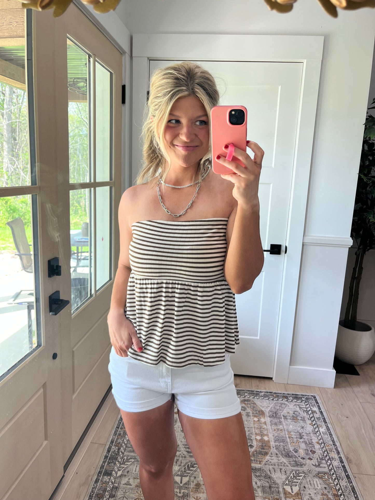 Mocha Striped Strapless Peplum