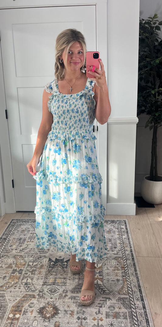 Field of Florals Dress - White & Blue